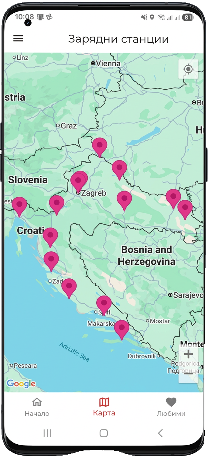 ONE Mobility мобилно приложение — карта на зарядните станции в България, Гърция и Хърватия